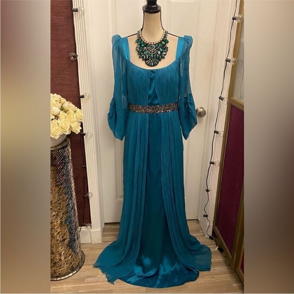 NWT Carlos Miele Teal Maxi Dress with Embellished Waist, US12